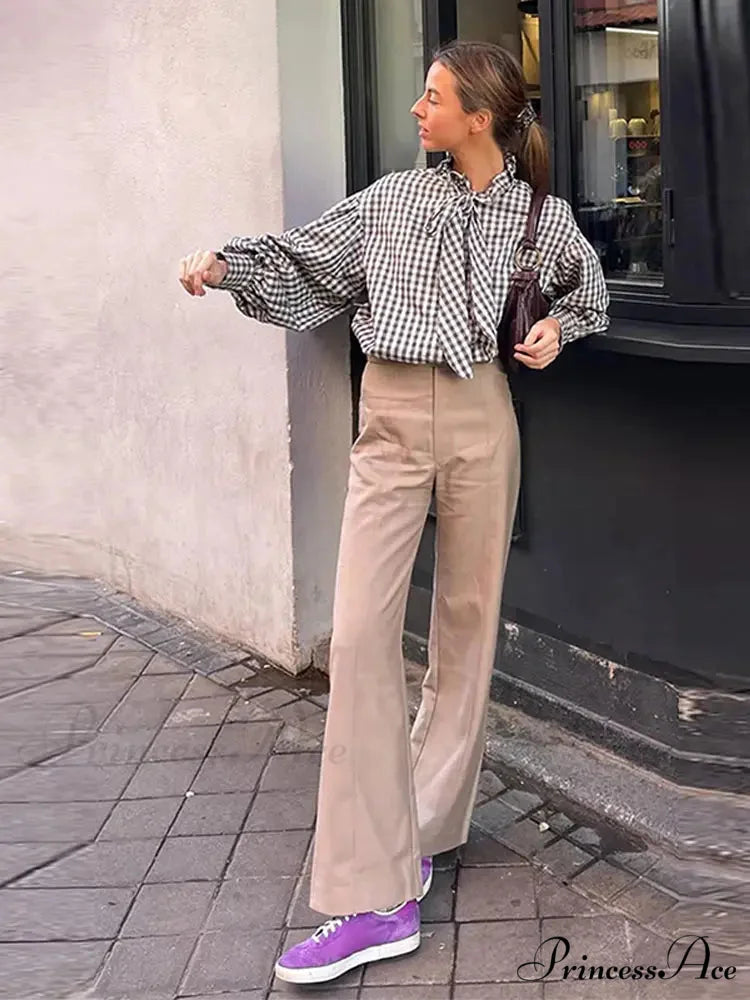 Checkered Long Sleeve Lace Up Single Breasted Top