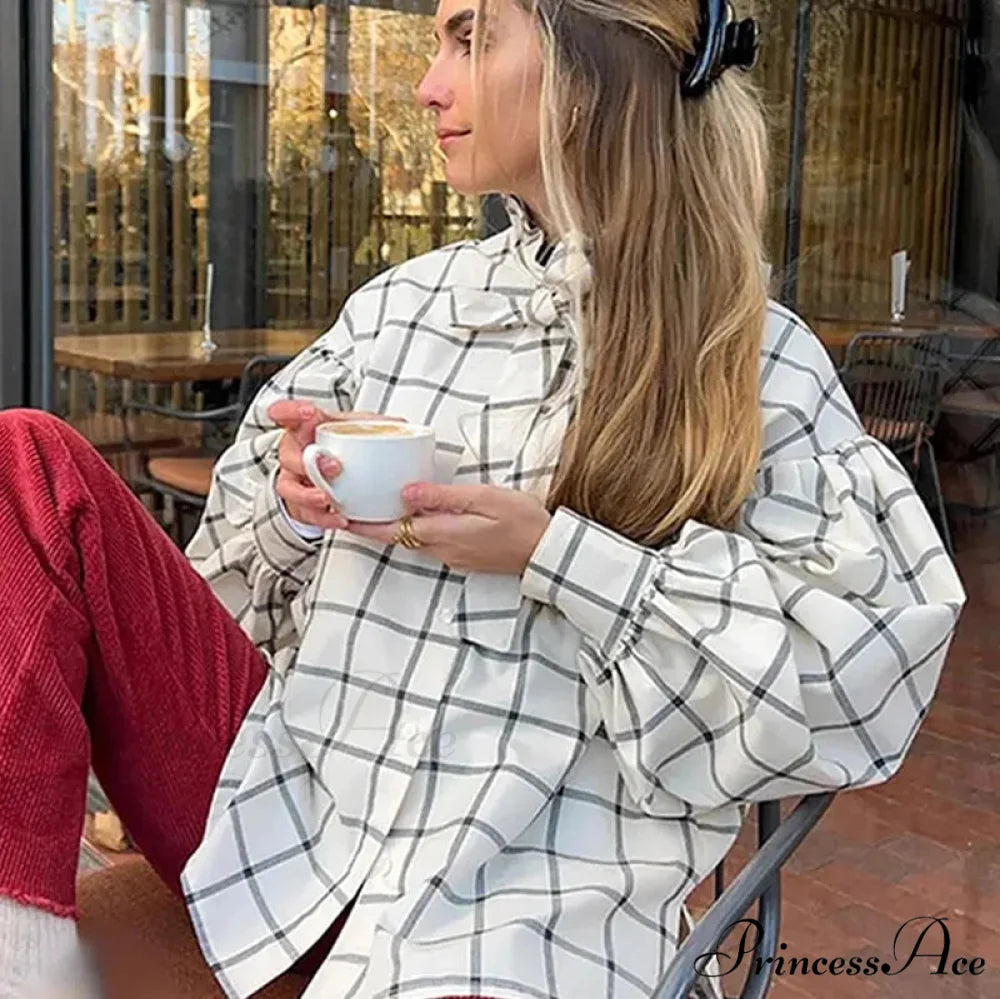 Checkered Long Sleeve Lace Up Single Breasted Top