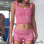 Checkered Matching Cropped Tank High Waist Shorts Two Pieces Set
