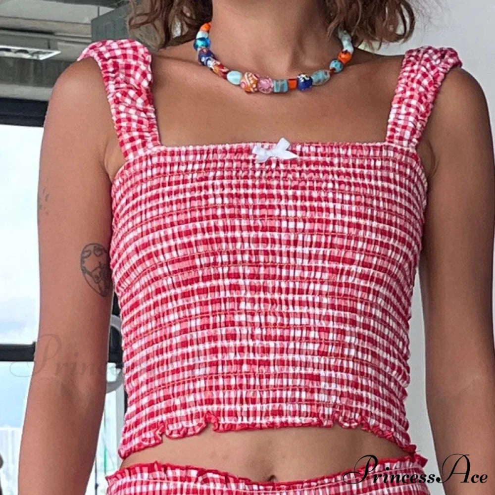 Checkered Matching Cropped Tank High Waist Shorts Two Pieces Set