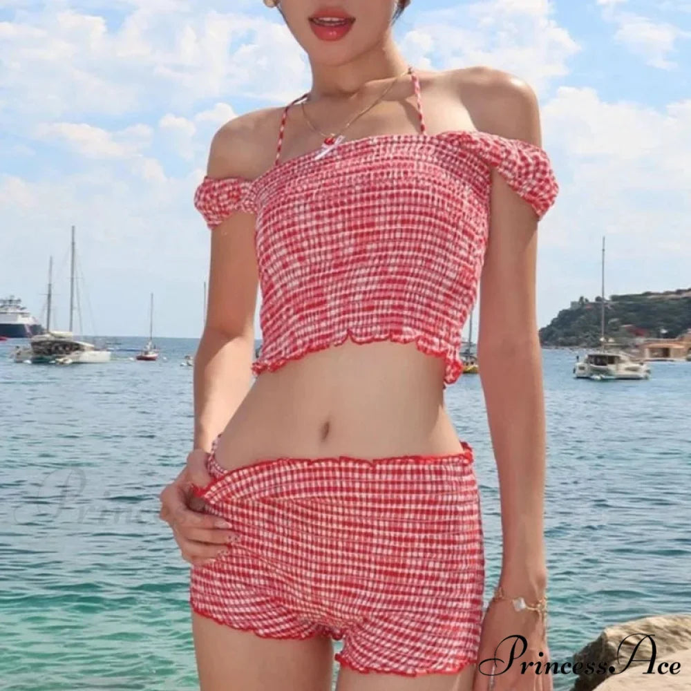Checkered Matching Cropped Tank High Waist Shorts Two Pieces Set