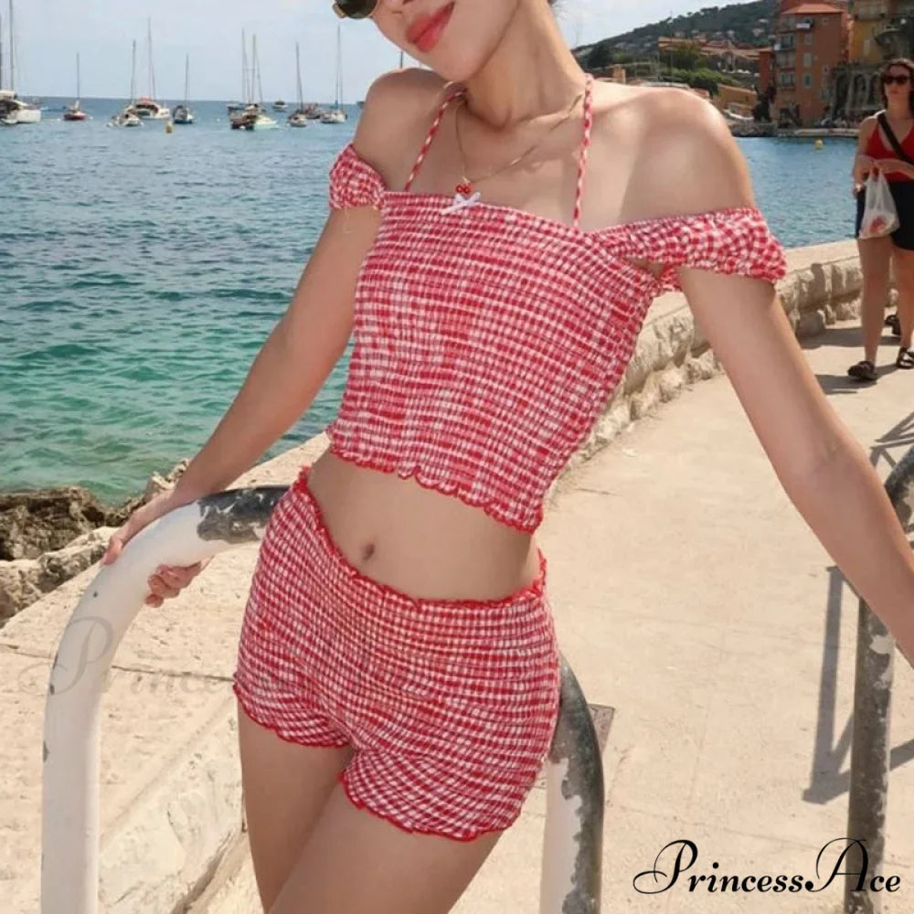 Checkered Matching Cropped Tank High Waist Shorts Two Pieces Set