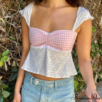 Checkered Patchwork Tie-Up Crop Top