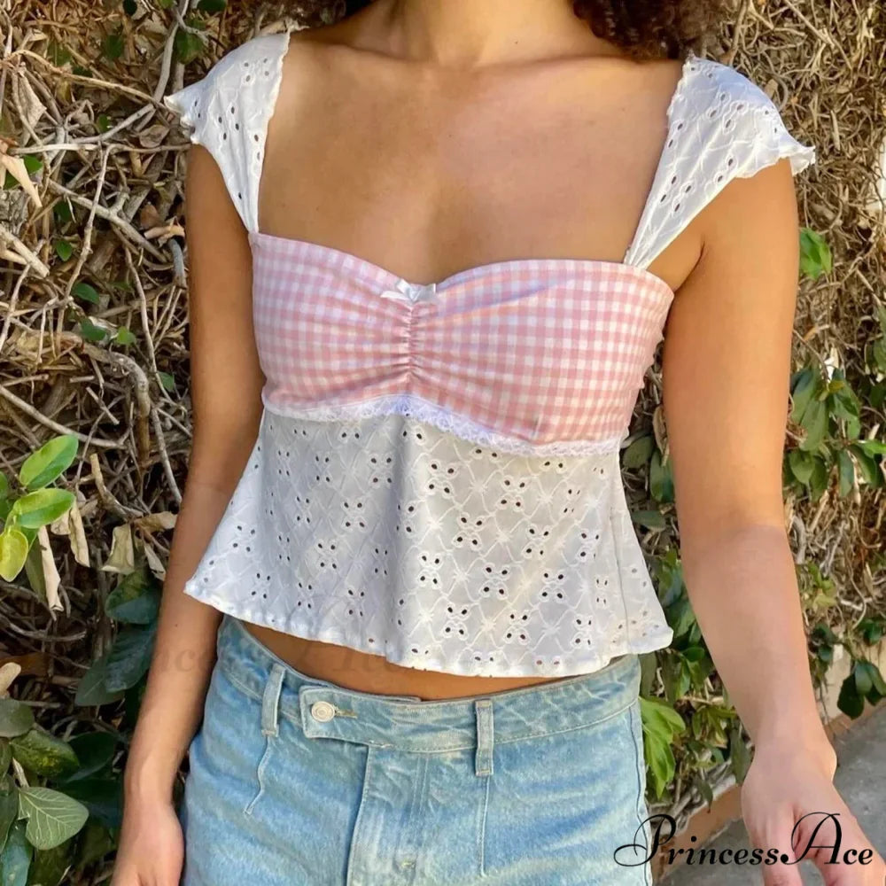 Checkered Patchwork Tie-Up Crop Top