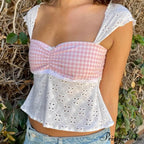 Checkered Patchwork Tie-Up Crop Top