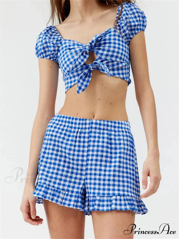 Checkered Pattern Knotted Short Sleeve T-shirt Crop Top with Stretchy Waist Shorts Set