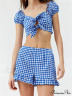 Checkered Pattern Knotted Short Sleeve T-shirt Crop Top with Stretchy Waist Shorts Set