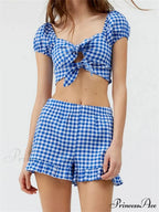 Checkered Pattern Knotted Short Sleeve T-shirt Crop Top with Stretchy Waist Shorts Set