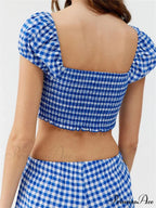 Checkered Pattern Knotted Short Sleeve T-shirt Crop Top with Stretchy Waist Shorts Set