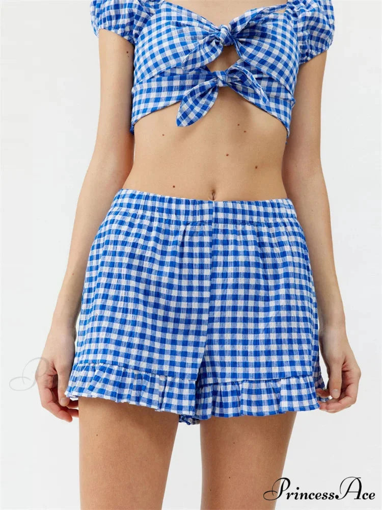 Checkered Pattern Knotted Short Sleeve T-shirt Crop Top with Stretchy Waist Shorts Set