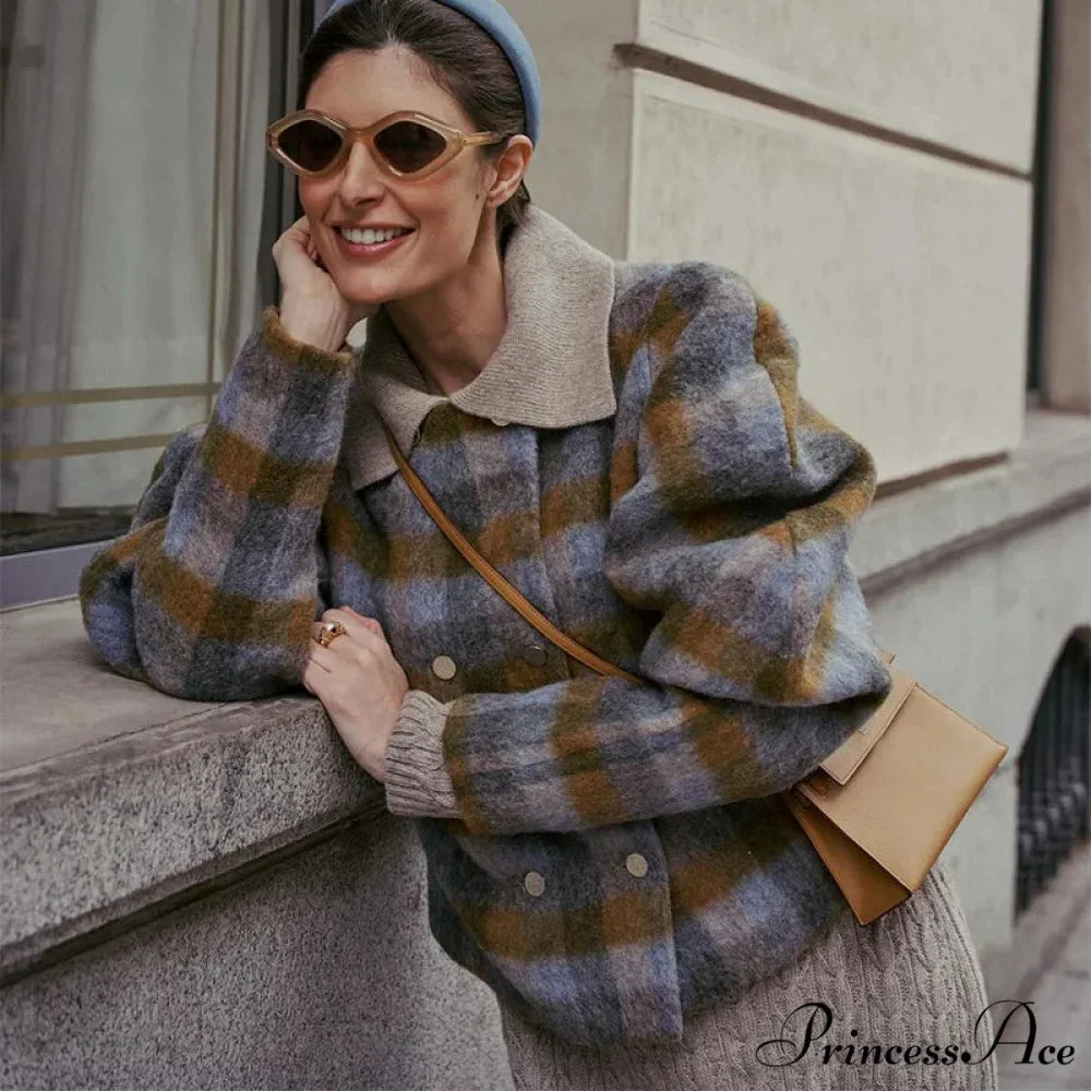 Checkered Pattern Woolen Short Coat