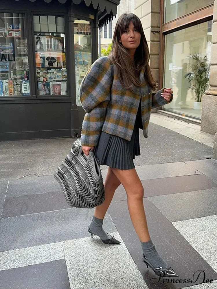 Checkered Pattern Woolen Short Coat