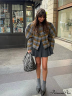Checkered Pattern Woolen Short Coat