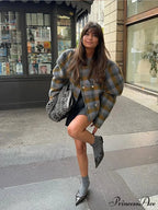 Checkered Pattern Woolen Short Coat