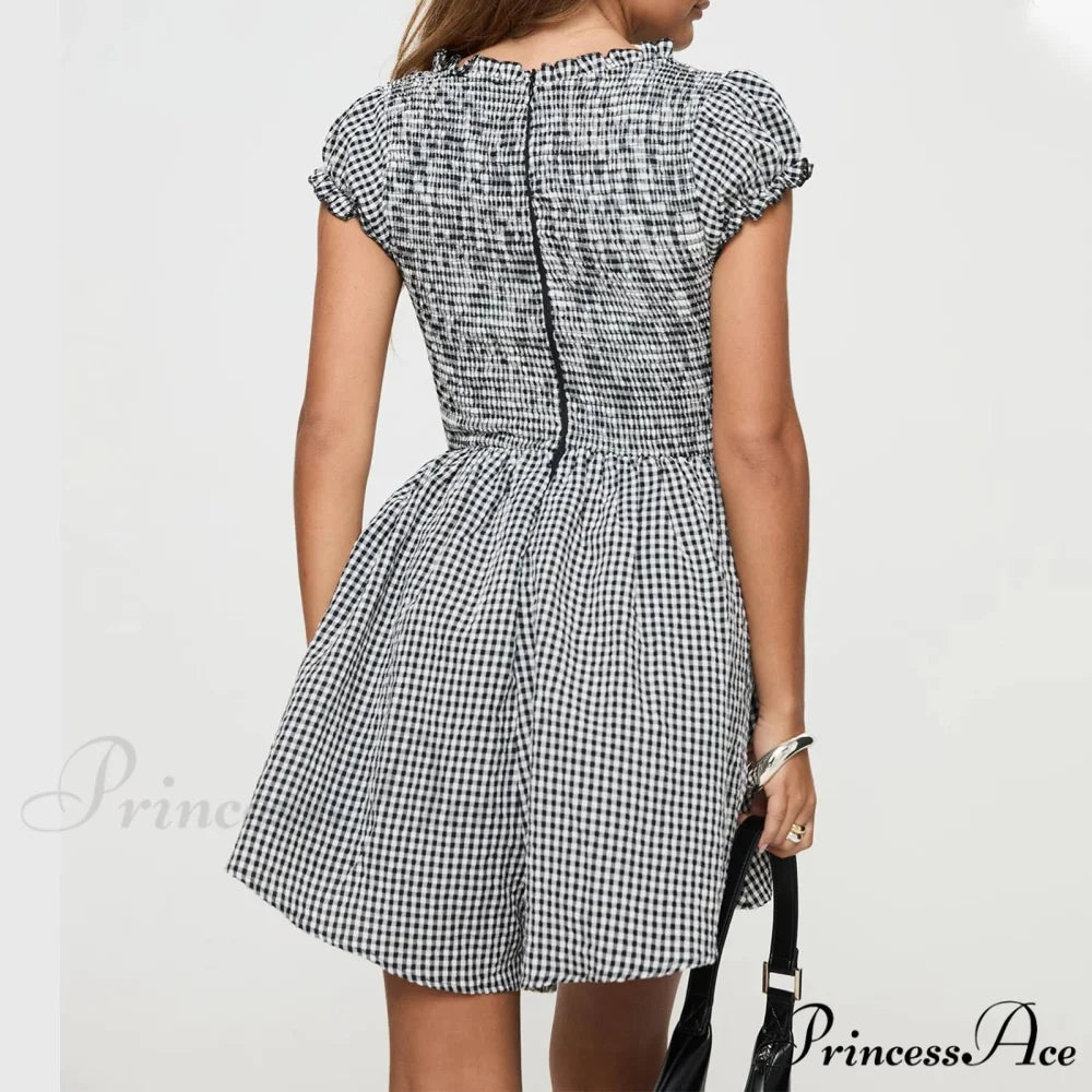 Checkered Shirred Babydoll Mini Dress