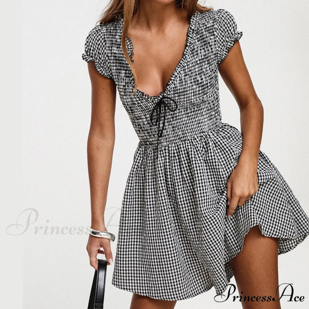 Checkered Shirred Babydoll Mini Dress