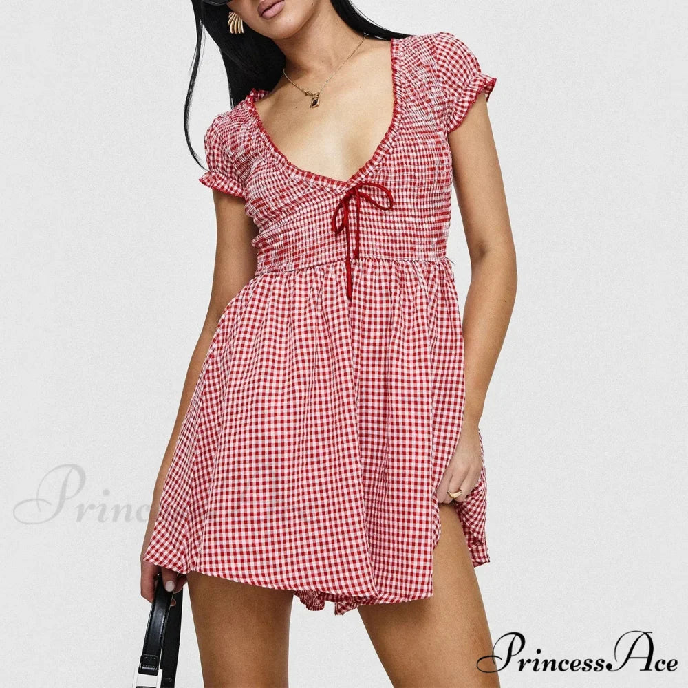 Checkered Shirred Babydoll Mini Dress