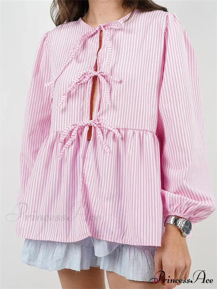 Checkered Stripe Front Fastened Long Sleeve Blouse