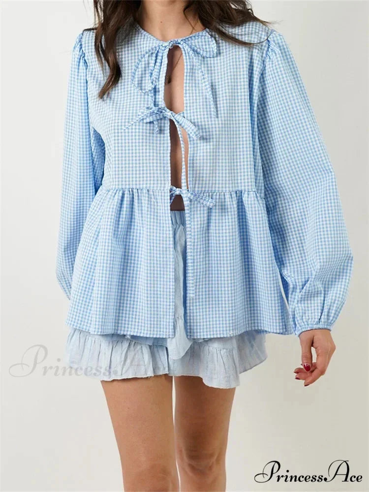 Checkered Stripe Front Fastened Long Sleeve Blouse