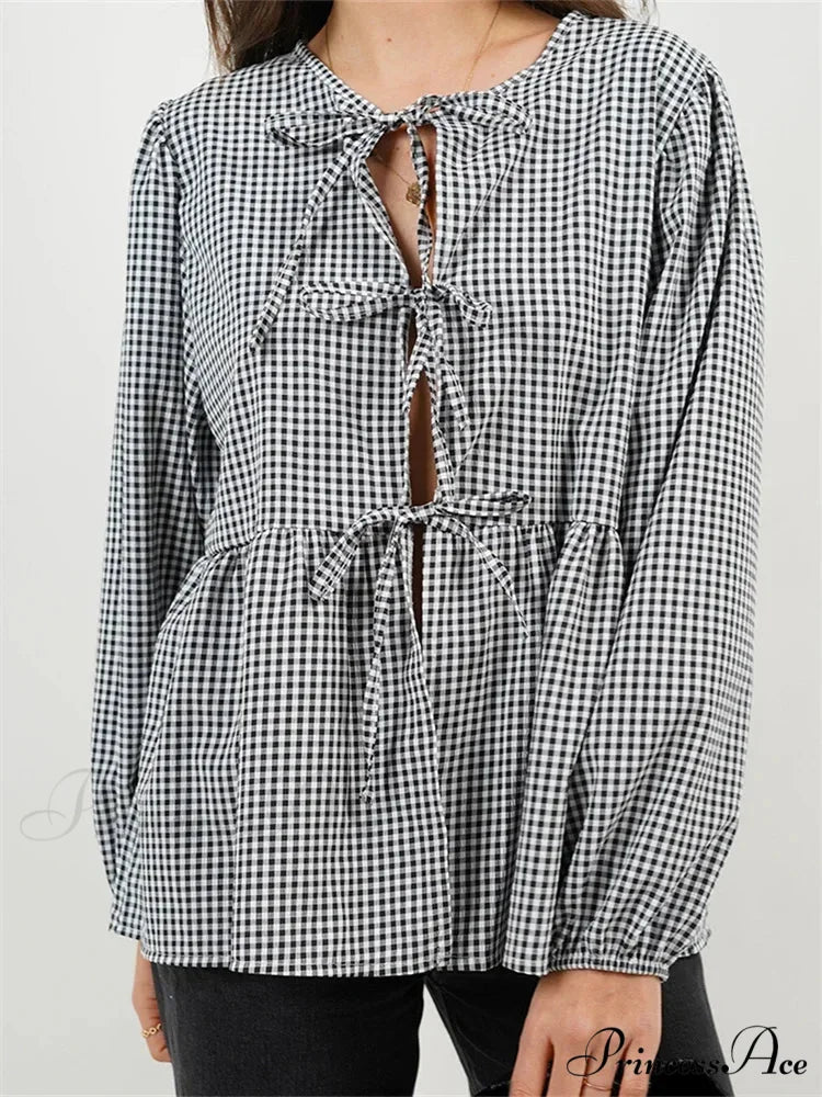 Checkered Stripe Front Fastened Long Sleeve Blouse