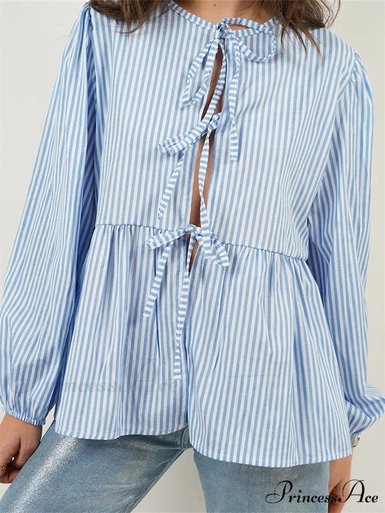 Checkered Stripe Front Fastened Long Sleeve Blouse