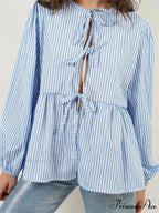 Checkered Stripe Front Fastened Long Sleeve Blouse