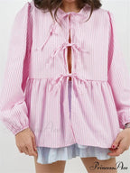 Checkered Stripe Front Fastened Long Sleeve Blouse