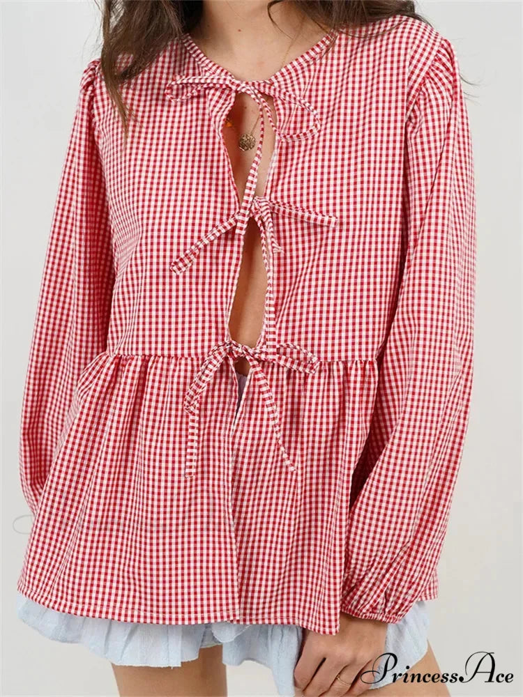 Checkered Stripe Front Fastened Long Sleeve Blouse