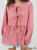 Checkered Stripe Front Fastened Long Sleeve Blouse