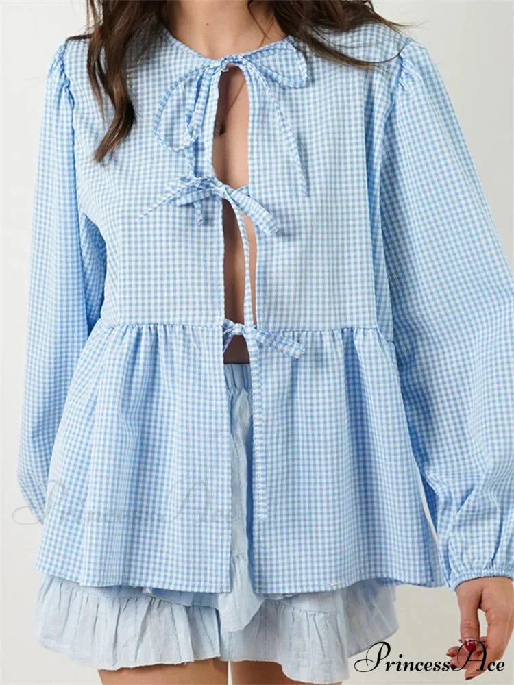 Checkered Stripe Front Fastened Long Sleeve Blouse
