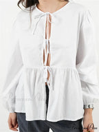 Checkered Stripe Front Fastened Long Sleeve Blouse