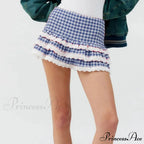 Checkered Tiered Lace Zip Skirt