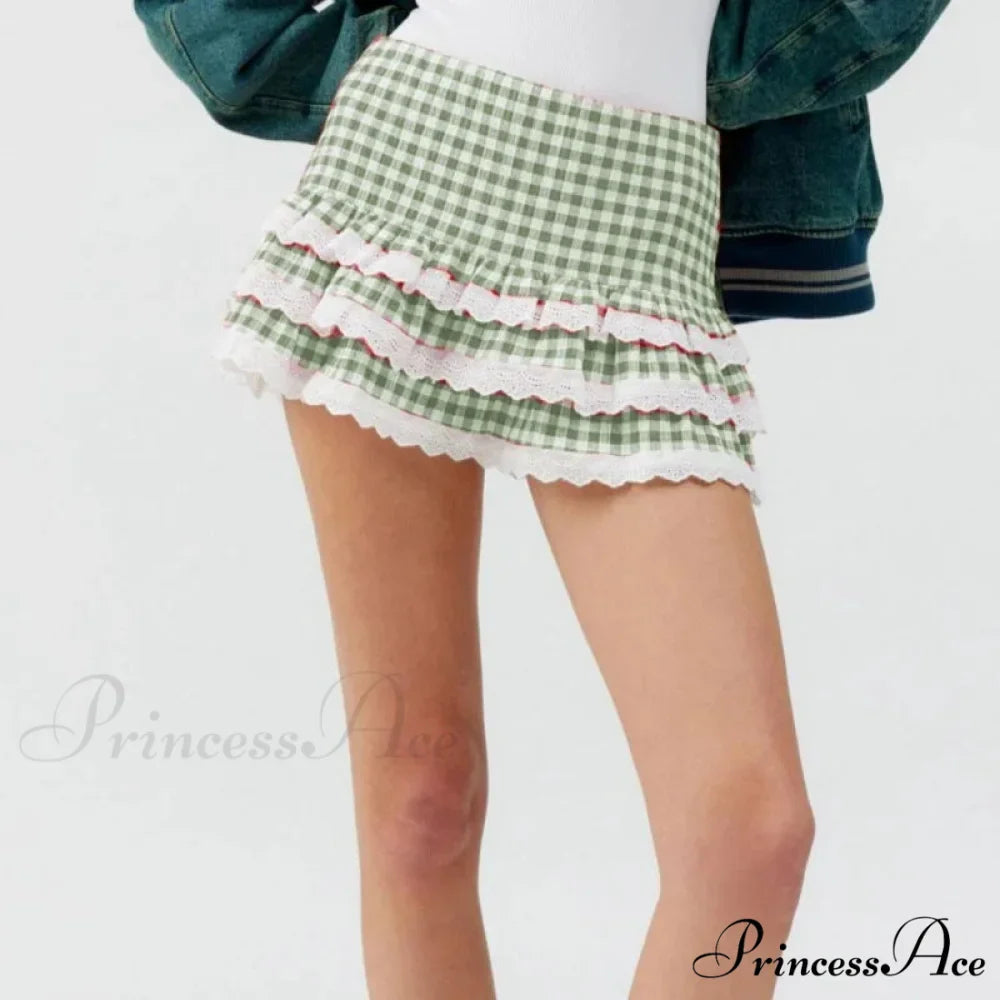 Checkered Tiered Lace Zip Skirt