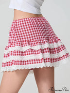 Checkered Tiered Lace Zip Skirt