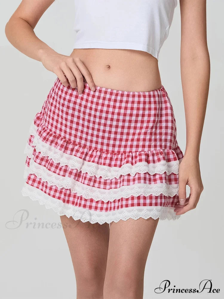 Checkered Tiered Lace Zip Skirt