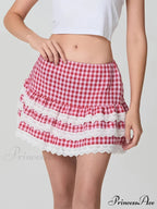 Checkered Tiered Lace Zip Skirt
