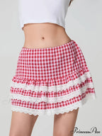 Checkered Tiered Lace Zip Skirt