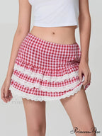 Checkered Tiered Lace Zip Skirt