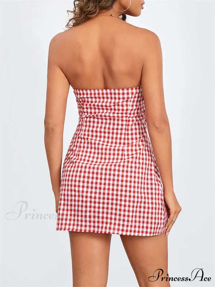 Checkered Trim-Fit Lace-Up Mini Dress