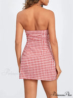 Checkered Trim-Fit Lace-Up Mini Dress