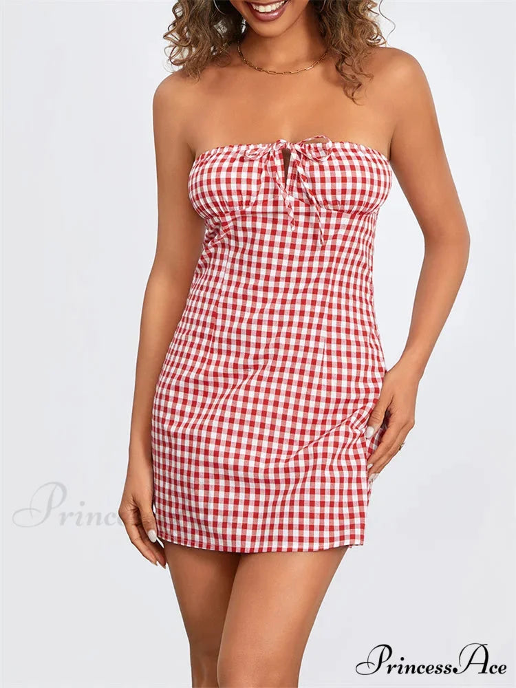 Checkered Trim-Fit Lace-Up Mini Dress