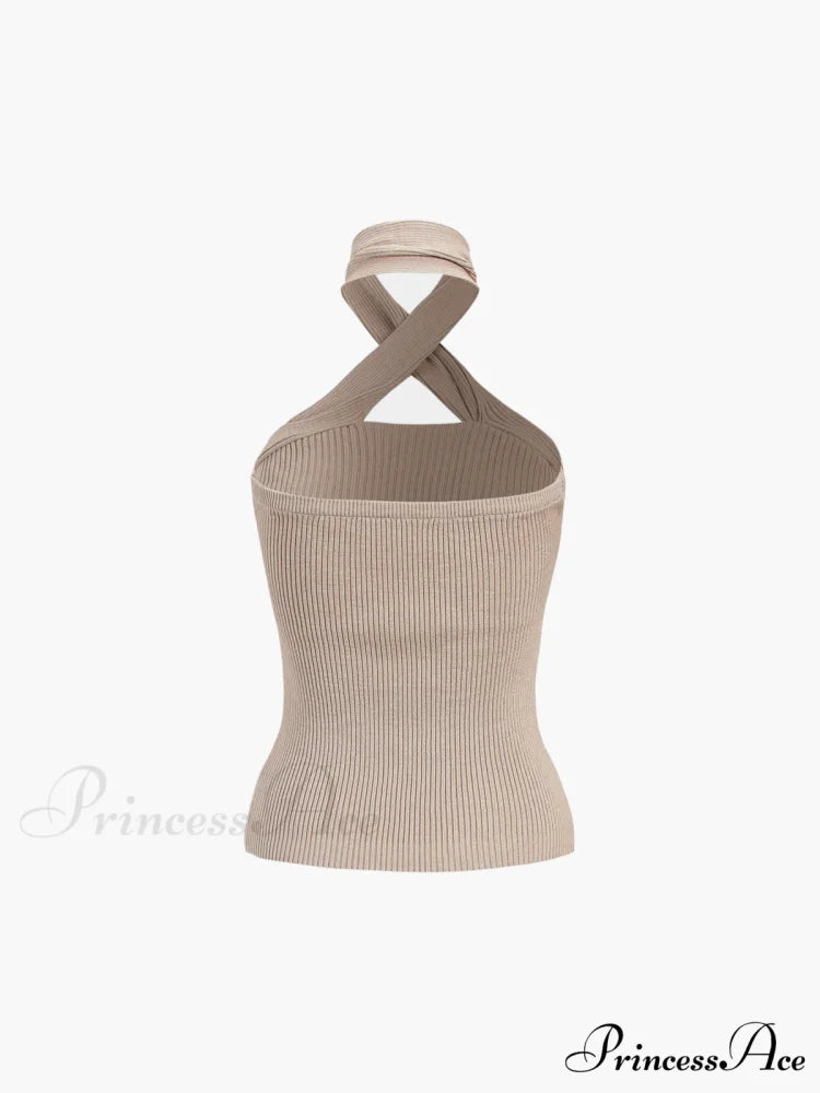 Chestnut Halter Graceful Rib Knit Top