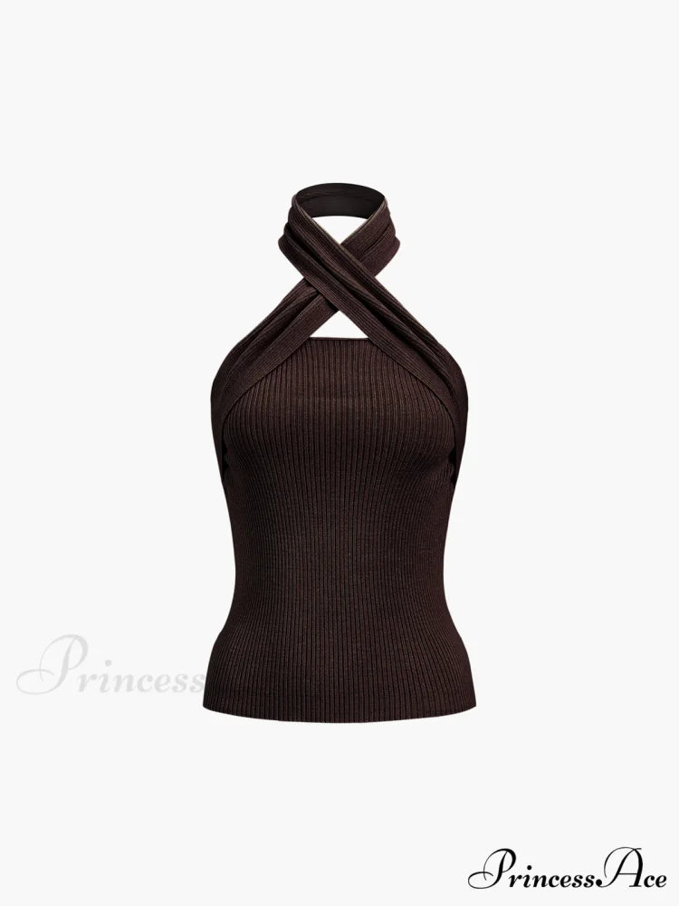 Chestnut Halter Graceful Rib Knit Top