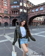 Chic Cropped Leather Vintage Loose Lapel Collar Long Sleeves Single-breasted Stylish Coat