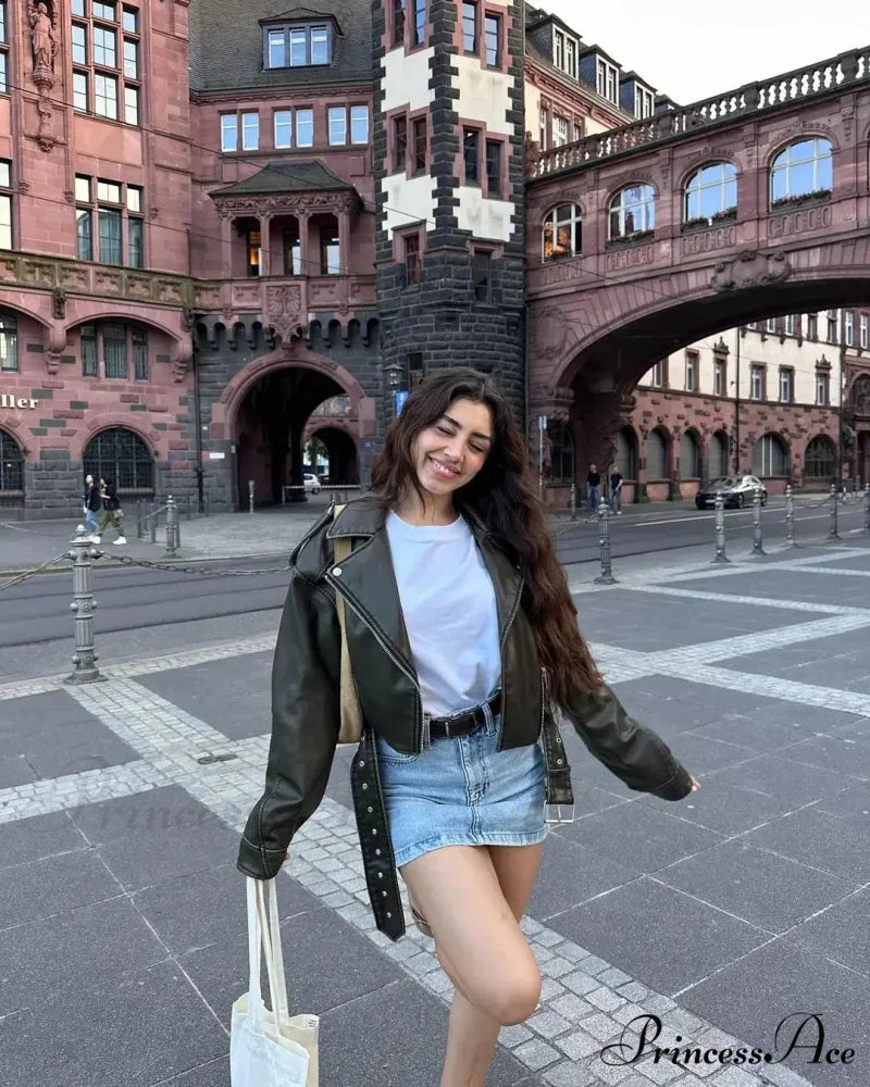 Chic Cropped Leather Vintage Loose Lapel Collar Long Sleeves Single-breasted Stylish Coat