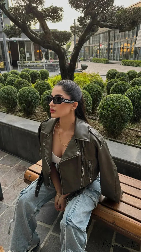 Chic Cropped Leather Vintage Loose Lapel Collar Long Sleeves Single-breasted Stylish Coat