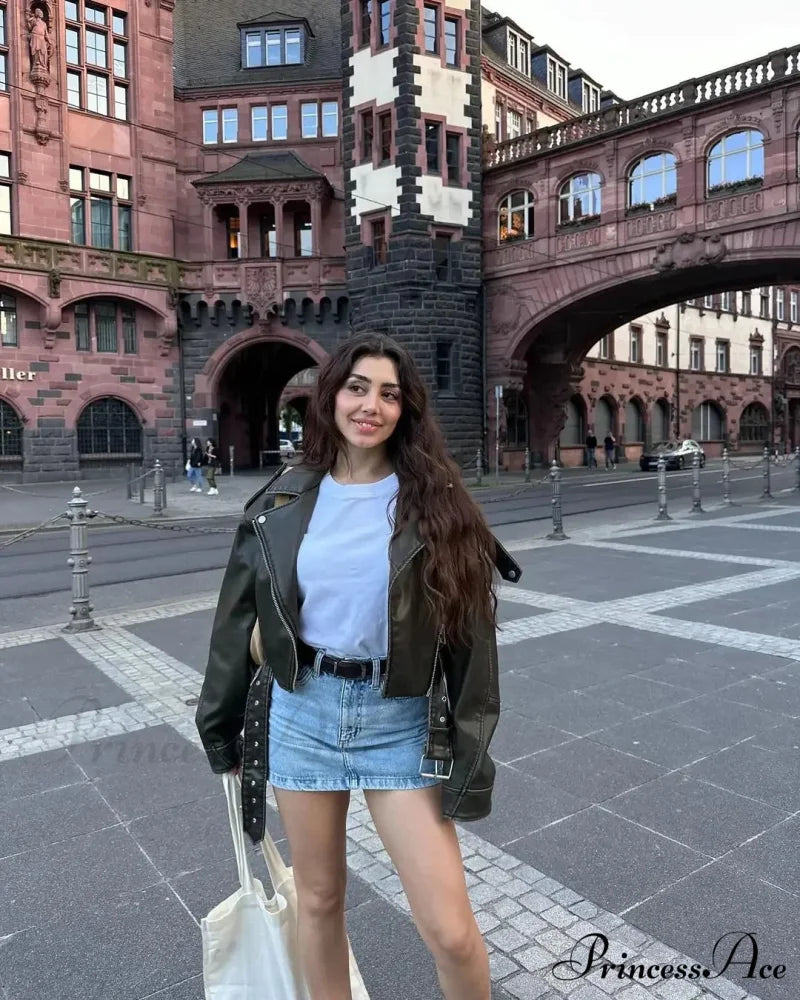 Chic Cropped Leather Vintage Loose Lapel Collar Long Sleeves Single-breasted Stylish Coat