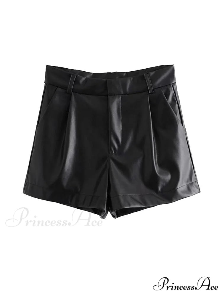 Chic Fashion Side Pockets Faux Leather Shorts