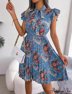Chic Flower Pattern Bow Folded Trimmed Waist Flower Dress