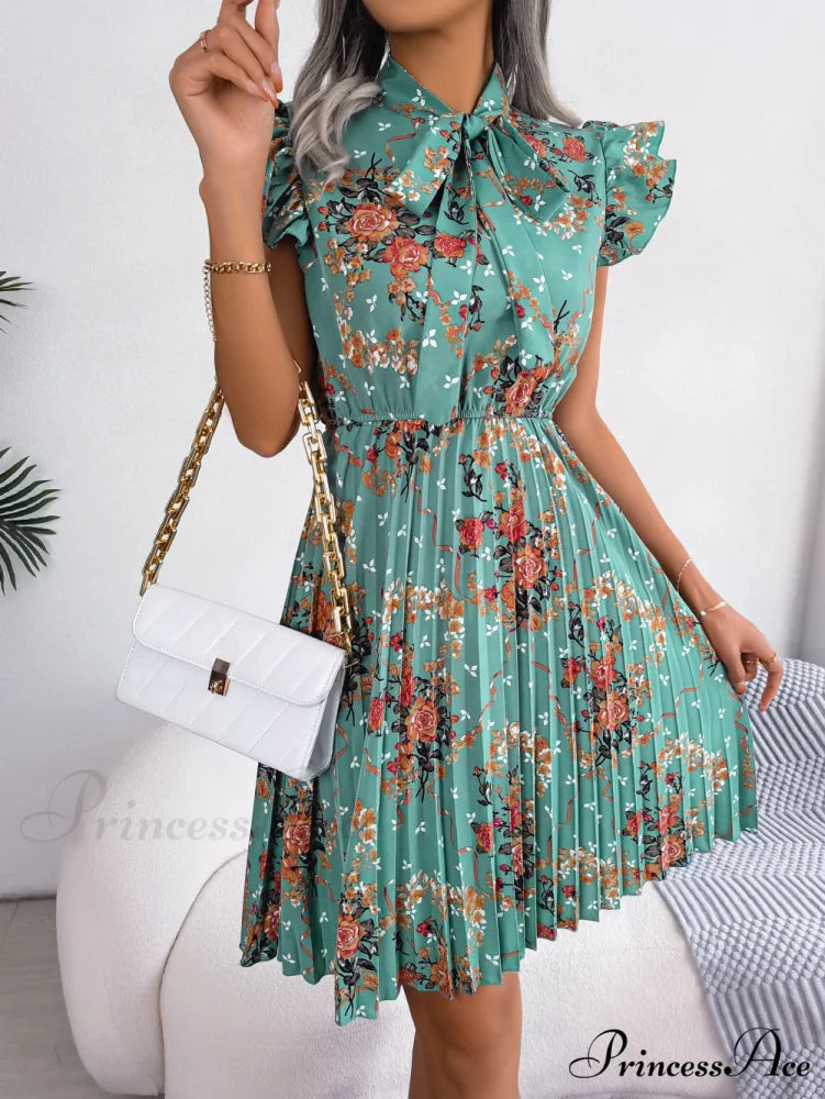 Chic Flower Pattern Bow Folded Trimmed Waist Flower Dress